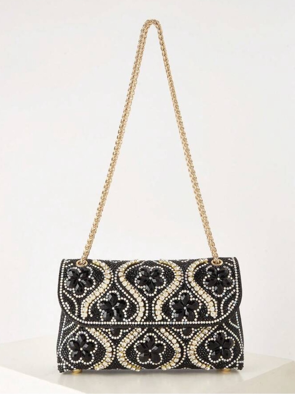 Embellished Black Rhinestone Chain Shoulder Evening Bag
